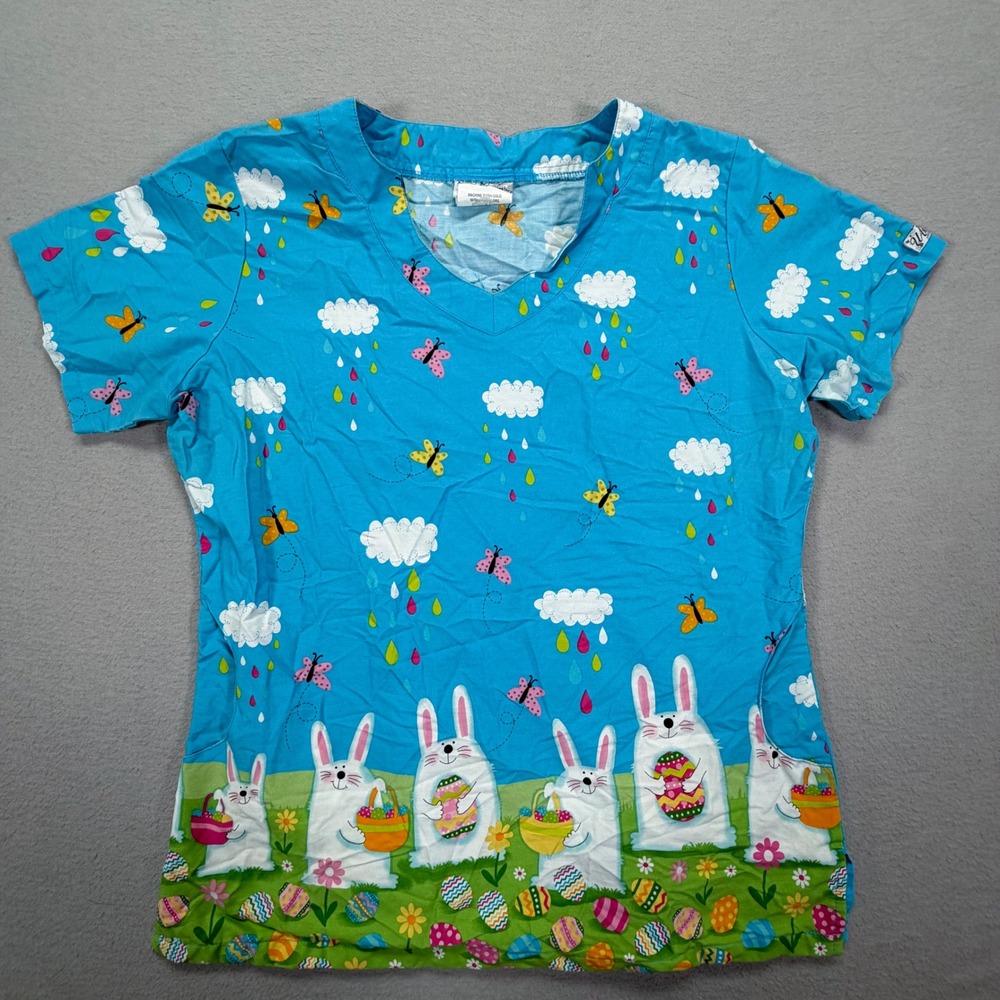 UA Scrubs Womens Scrub Top Regular Turquoise Easter Bunny‎ Butterflies Medium